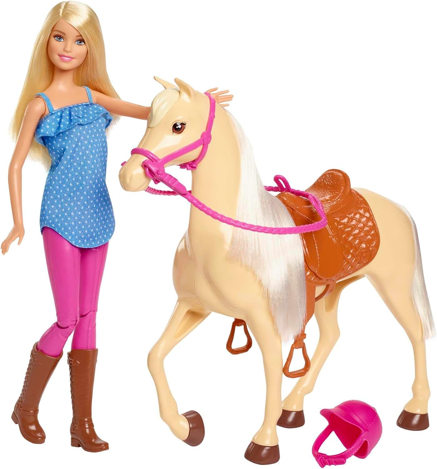 Barbie pop en paardenspeelgoed, rijaccessoires, inclusief 1 pop en 1 paard, geschikt als cadeau voor kinderen vanaf 3 jaar, FXH13