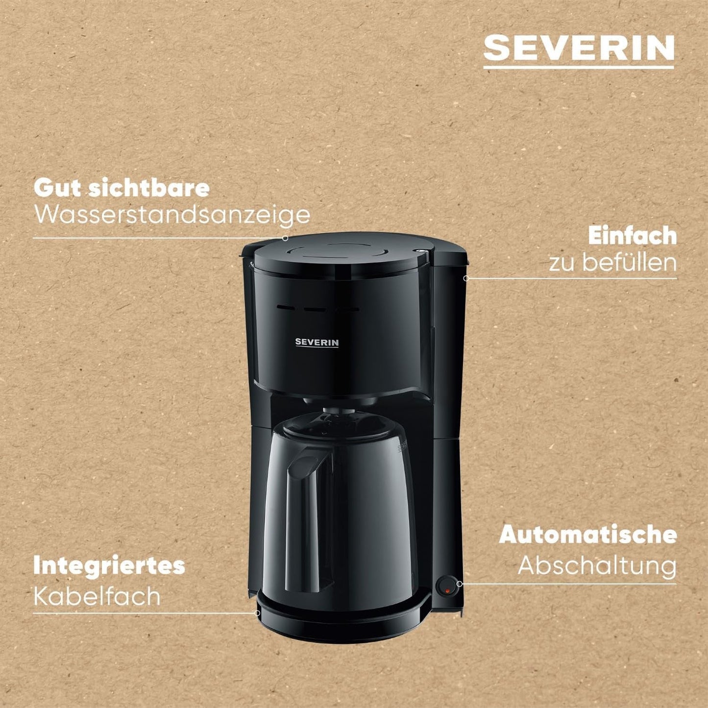 SEVERIN Filterkoffiezetapparaat met thermische karaf, koffiezetapparaat voor maximaal 8 kopjes, aantrekkelijk filterapparaat met geïsoleerde karaf, zwart, 1 liter, KA 9306