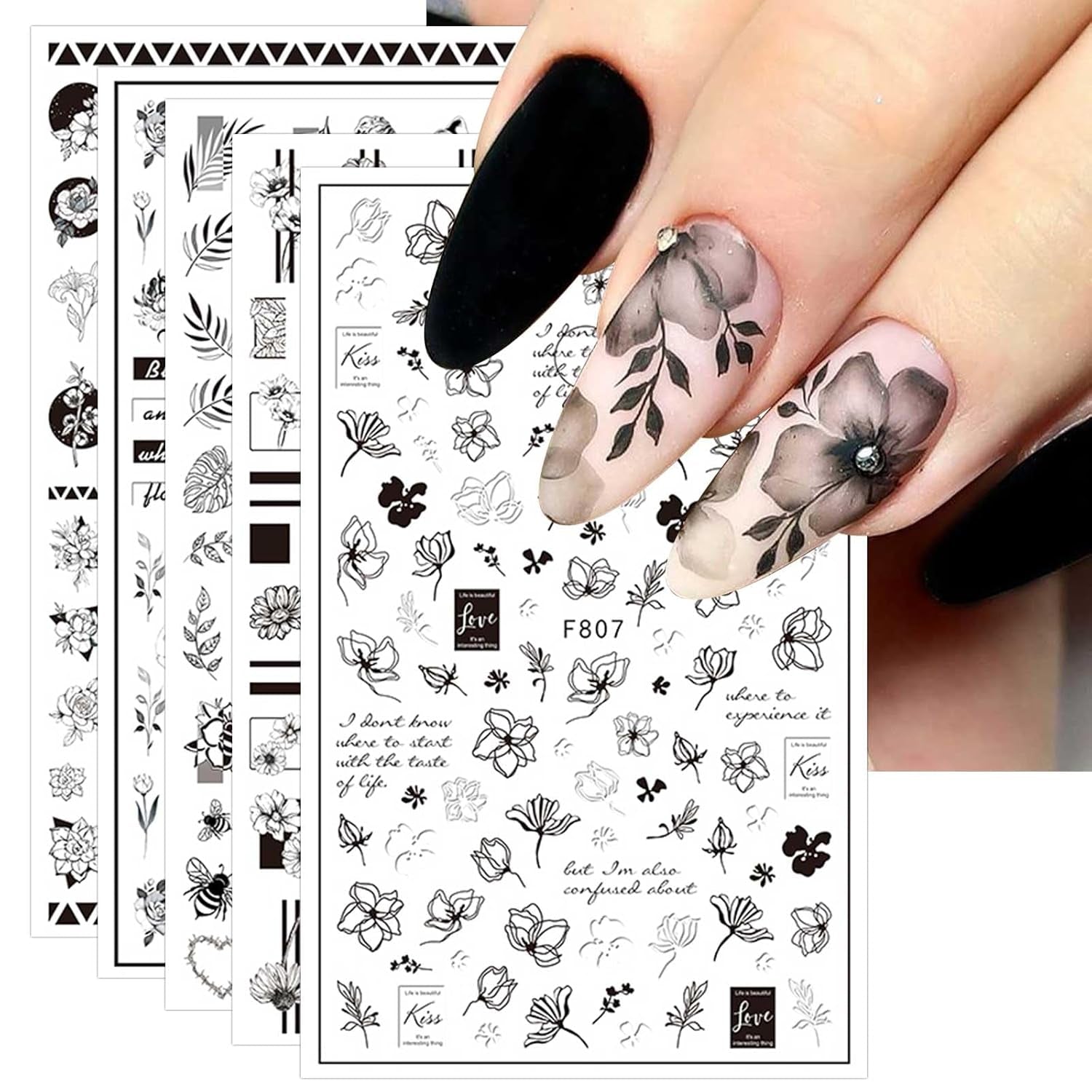 JMEOWIO Nagelsticker Frühling Blumen 10 Blätter Nagelaufkleber Selbstklebend Nail Art Decoratie Nageldesign Zubehör Für Frauen Mädchen