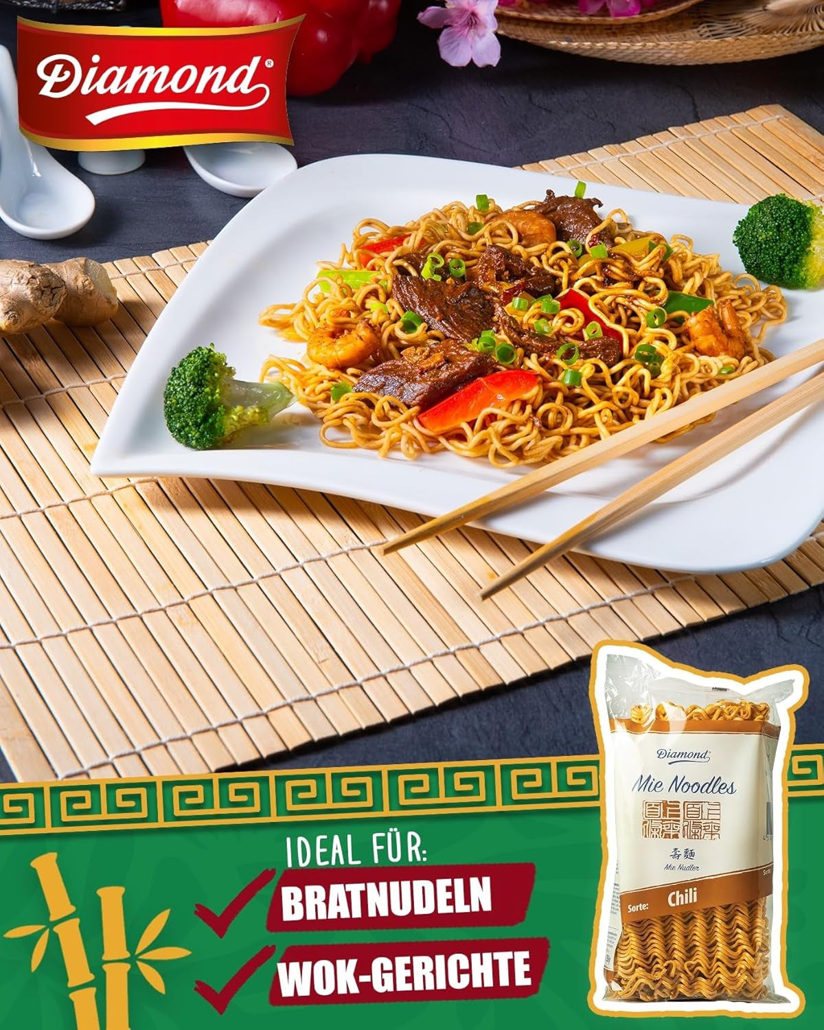 DIAMOND Mie Chili Noodles, tarwenoedels met chilipoeder, eivrij, snel en gemakkelijk, vegetarisch - 1 x 250 g