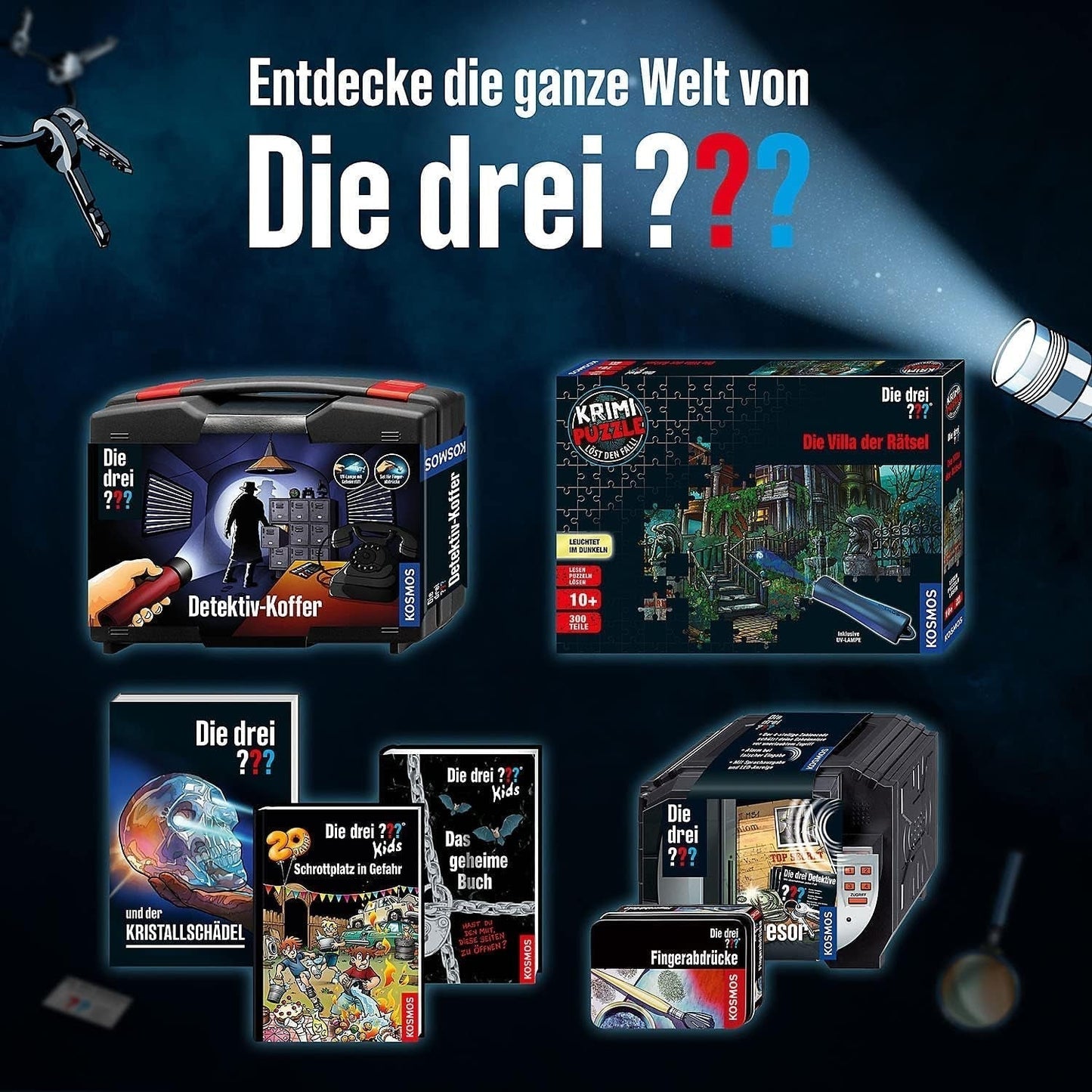 De drie??? - Misdaadpuzzel - De villa van de puzzels van KOSMOS 697976, 300 stukjes, Glow in the dark, Met UV-lamp, Lezen, Puzzel, Puzzels oplossen, Detectivepuzzel Vanaf 10 jaar Puzzel Naty Shop