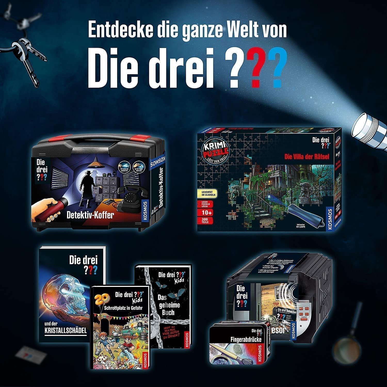 De drie??? - Misdaadpuzzel - De villa van de puzzels van KOSMOS 697976, 300 stukjes, Glow in the dark, Met UV-lamp, Lezen, Puzzel, Puzzels oplossen, Detectivepuzzel Vanaf 10 jaar Puzzel Naty Shop