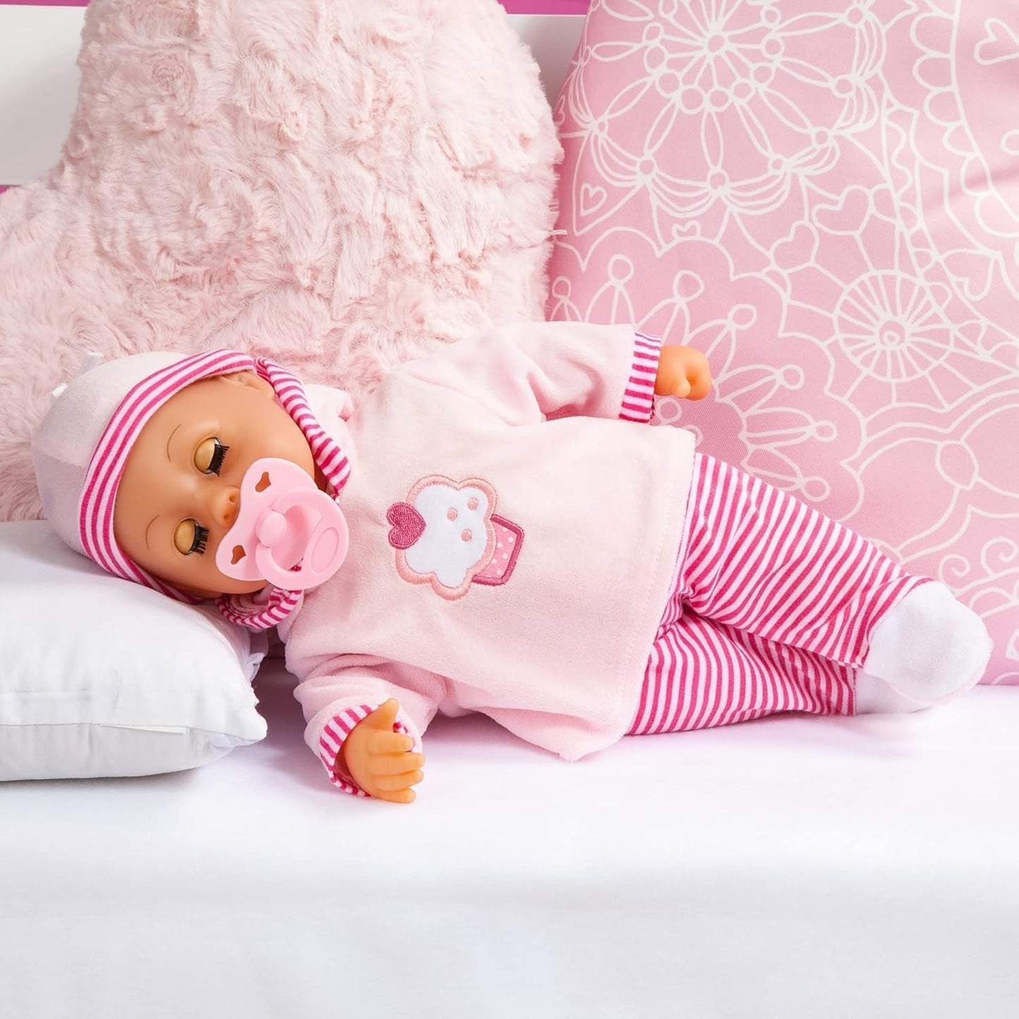 First Words pop met slaapogen, spreekt 24 babygeluiden, met pop en fles, 38 cm, roze/gestreept Naty Shop Dolls