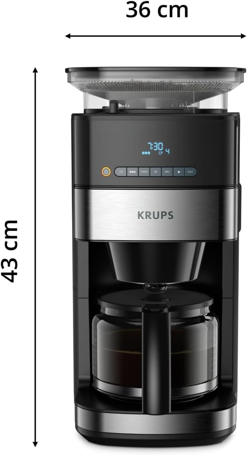 Krups Espressomachine KM8328 Malen met Grinder | 24-uurstimer | Graancontainer 180 g | Capaciteit 1,25 l voor maximaal 15 koppen koffie | Automatische uitschakelfunctie | 3 maalstanden | Zwart