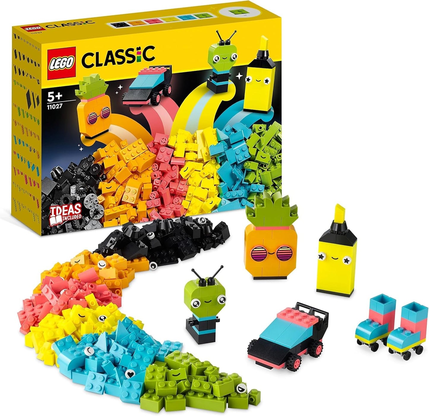 LEGO 11027 Classic Neon Creatieve bouwset, Brick Box Set, Bouwspeelgoed met modellen: auto, ananas, alien, rolschaatsen, figuren en meer, voor kinderen vanaf 5 jaar Bouwsets Besuche den LEGO-Store Single