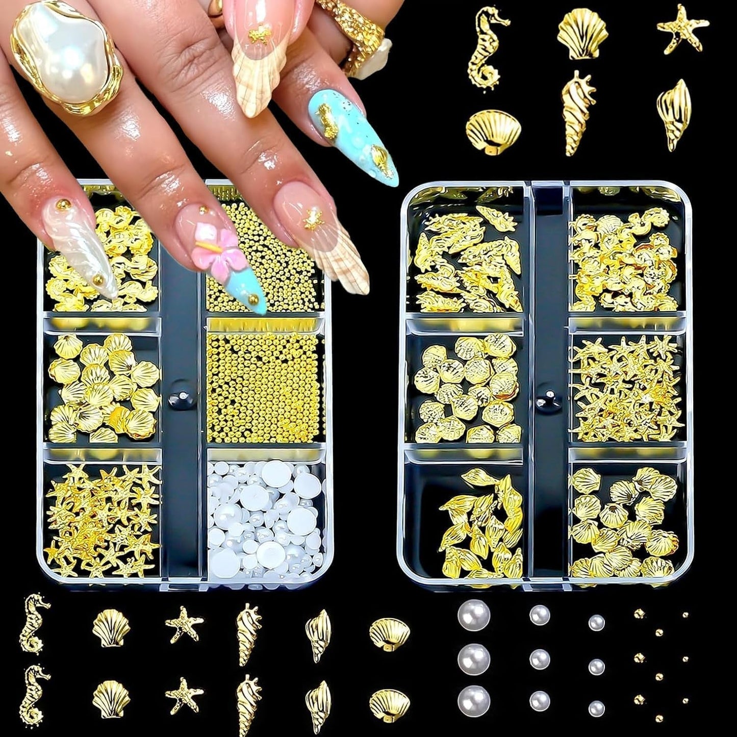 Nail Charms,6 Boxen Gold Silber Nagel Charms 3D Gold Bogen Stern Nail Art Decoratie+6200 Strasssteine ​​Bunt Steine ​​AB Perlen Diamanten,3D Legierung Bow Nail Gems Nagel Deko Für Frauen Nagel (6-A)