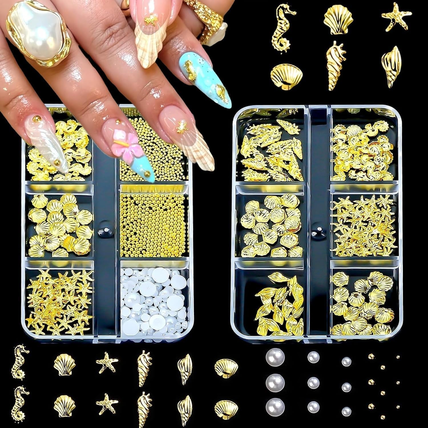 Nail Charms,6 Boxen Gold Silber Nagel Charms 3D Gold Bogen Stern Nail Art Decoratie+6200 Strasssteine ​​Bunt Steine ​​AB Perlen Diamanten,3D Legierung Bow Nail Gems Nagel Deko Für Frauen Nagel (6-A)