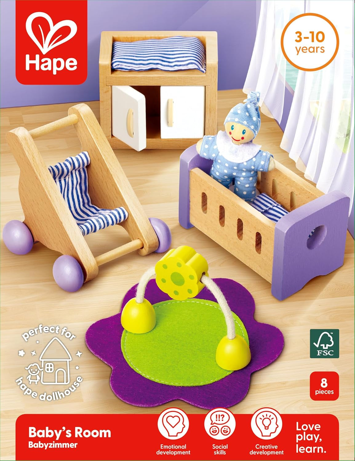 Hape Babykamer - Houten poppenkamerset, babypopmeubilair, poppenhuisaccessoires voor peuters, miniatuur babykamer met schommel en accessoires, rollenspel van 3 jaar oud