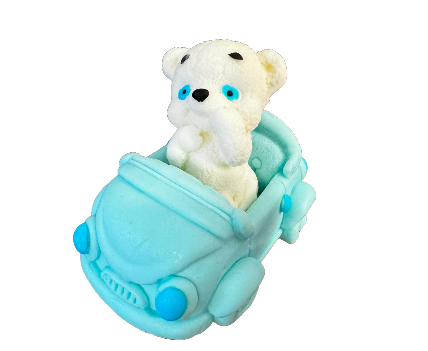 Eetbare decoratie van suikerpasta, Witte beer met blauwe auto Decoraties van Sugar Paste Naty Shop