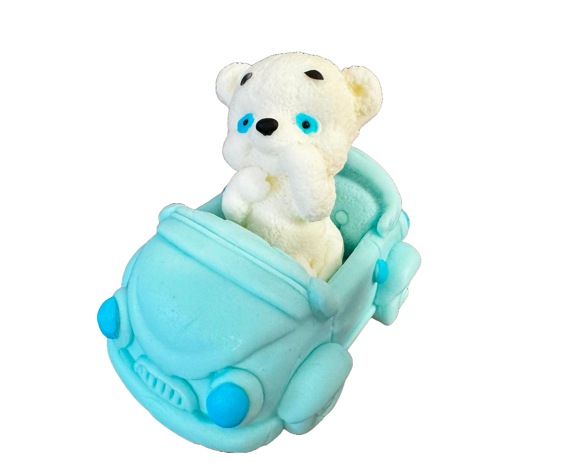 Eetbare decoratie van suikerpasta, Witte beer met blauwe auto Decoraties van Sugar Paste Naty Shop