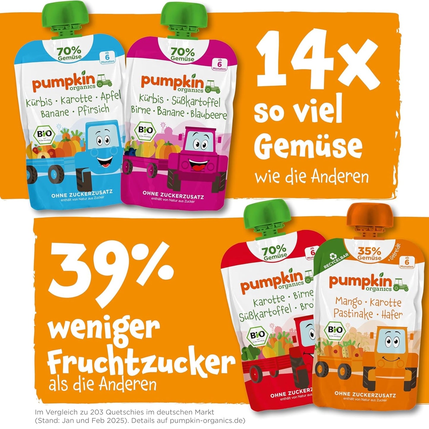 Pumpkin Organics Bio Gemüse-Getreide-Quetschie Kürbis, Birne, Apfel, Pflaume, Hafer ohne Zuckerzusatz¹ - ab 8 Monaten - als Snack of Beikost für unterwegs (100g)