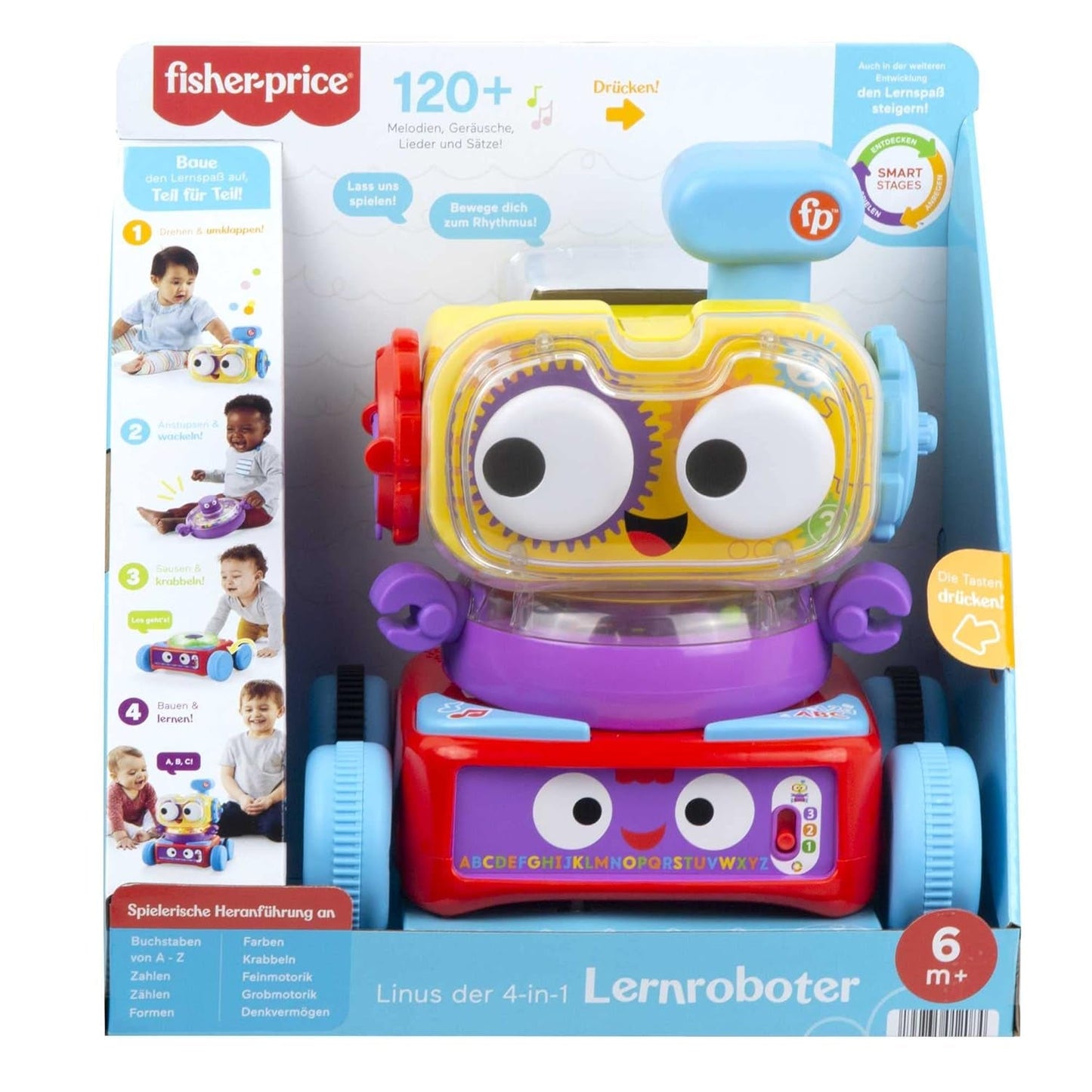 Fisher-Price 4-in-1 leerrobot Linus voor baby's en peuters, speelgoed vanaf 6 maanden - Duitssprekend, HCK39 Babyspeelgoed Naty Shop