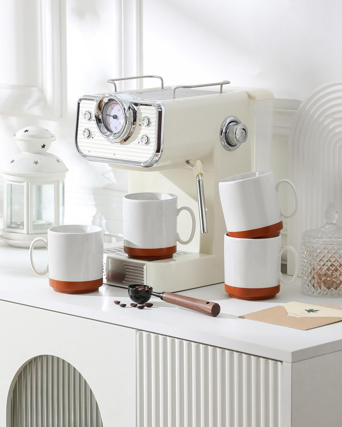 MALACASA koffiemokkenset, steengoed mokkenset van 350 ml voor 4 personen, moderne koffiemokken voor thee, sap, latte, cappuccino, warme chocolademelk. Vaatwasmachine- en magnetronbestendig, TARA serie, kaki wit