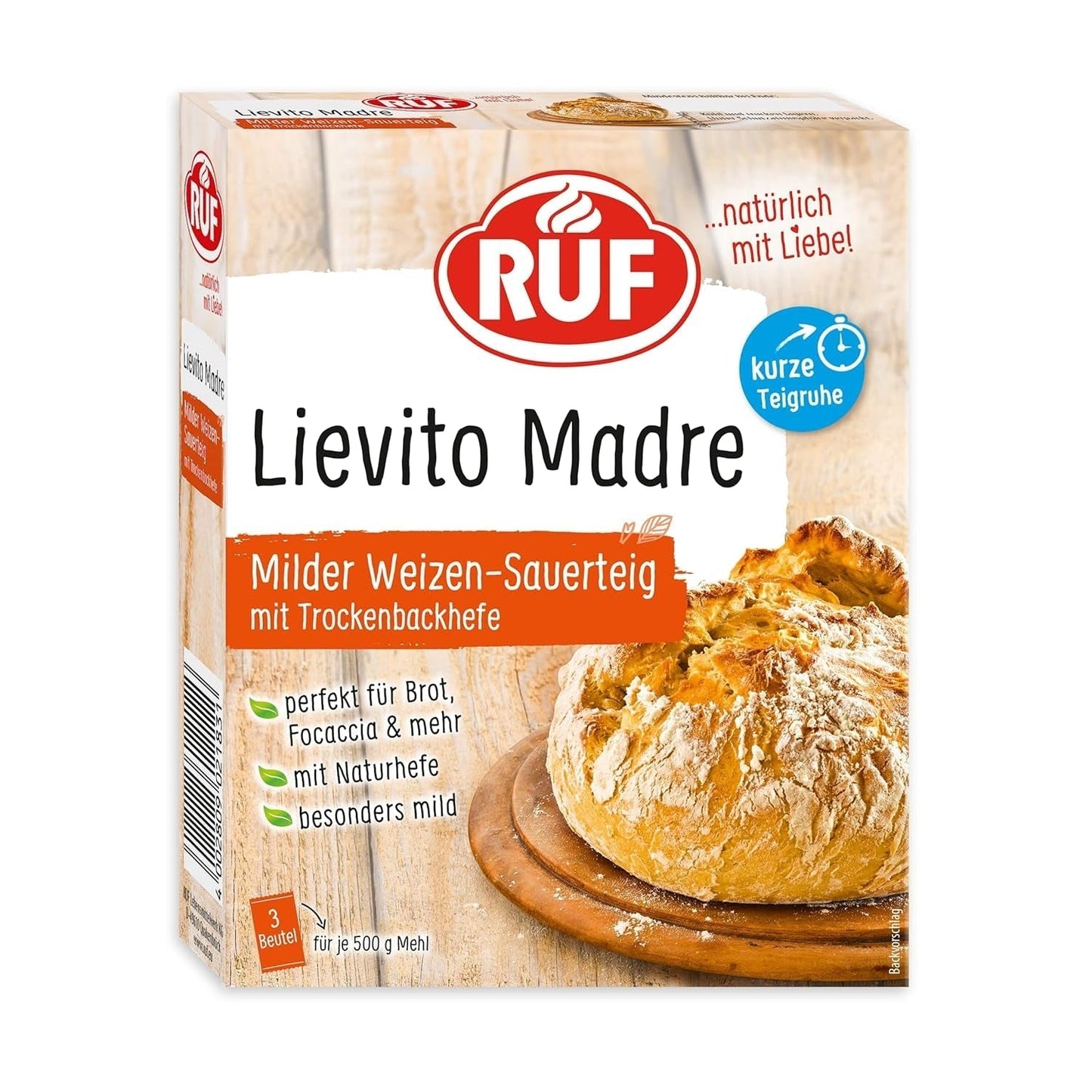 RUF Lievito Madre Sauerteig, Milder Weizen-Sauerteig, Mutterteig, Kurze Teigruhe Durch Enthaltene Trockenhefe, Lievito Madre Getrocknet Für Brot, Baguette, Focaccia, 3X35G Mengsel voor bakken en koken Naty Shop 35 G (3Er Pack) Kurze Teigruhe