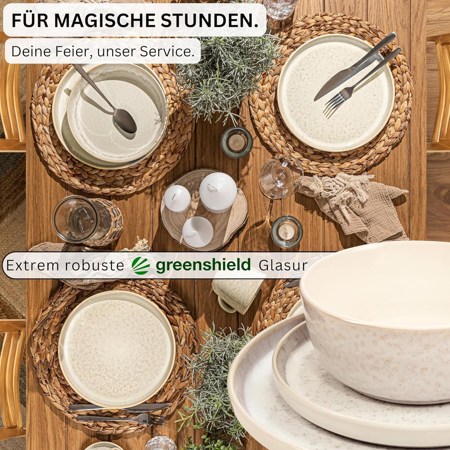SÄNGER Key West | Serviesset van steengoed 24-delige dinerbordenset voor 6 6 dinerborden Mueslischalen Dessertborden Pastaschalen Crème Serviesgoed met zandtextuur | DE WAARDE-COLLECTIE