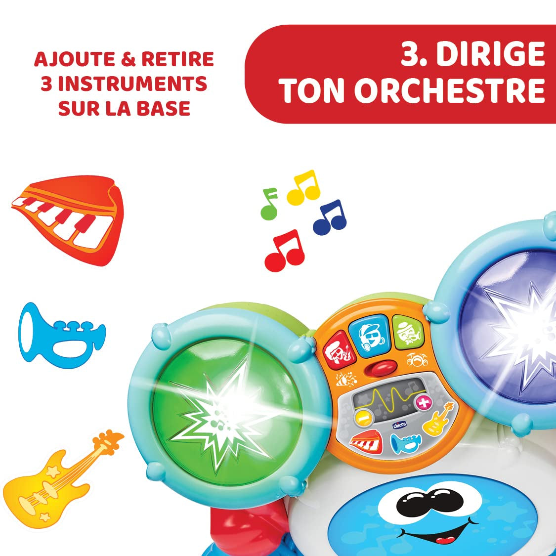 Chicco 00009820100000 Mi First Drumset met licht en geluid, 3 speelmodi Muziekinstrument met batterij voor kinderen, veelkleurig, groot Jucarii Bebe Naty Shop