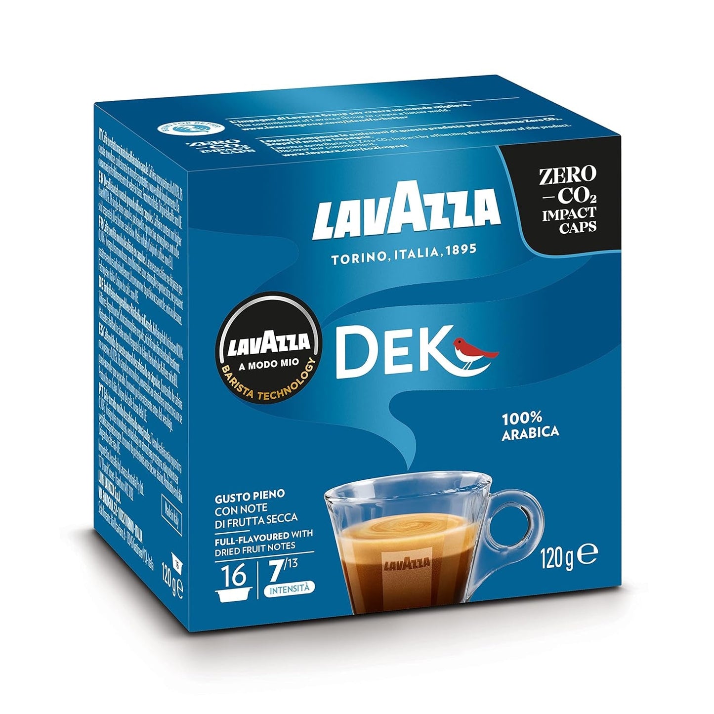 Lavazza A Modo Mio Dek Cremoso, 256 koffiecapsules, voor cafeïnevrije espresso met aromatische tonen van amandelen en canditis, 100% Arabica, intensiteit 7/13, medium gebrand, 16 pakjes