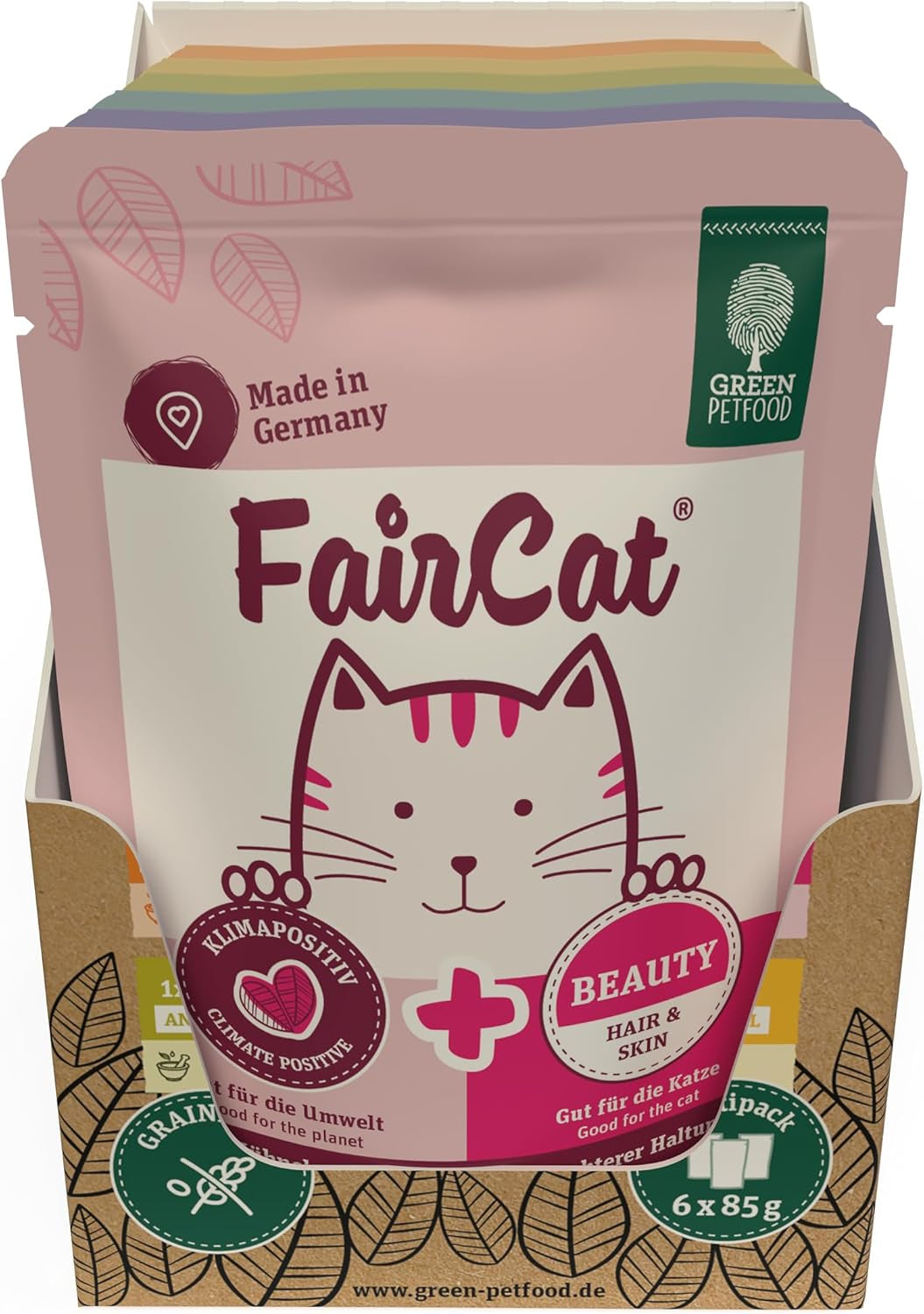 Groene Dierenvoeding FairCat Multipack (6 x 85 g) | Volwassene | Premium natvoer voor volwassen katten 6 verschiedenen leckere Sorten im Multipack | getreidefrei | Katzenfutter nass | 6 pakjes