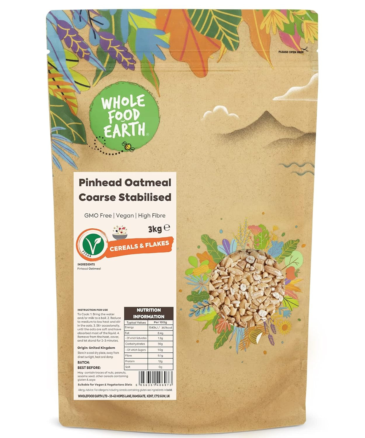 Wholefood Earth Pinhead Havermout Grof Gestabiliseerd 3kg | Niet-GMO | Rijk aan vezels