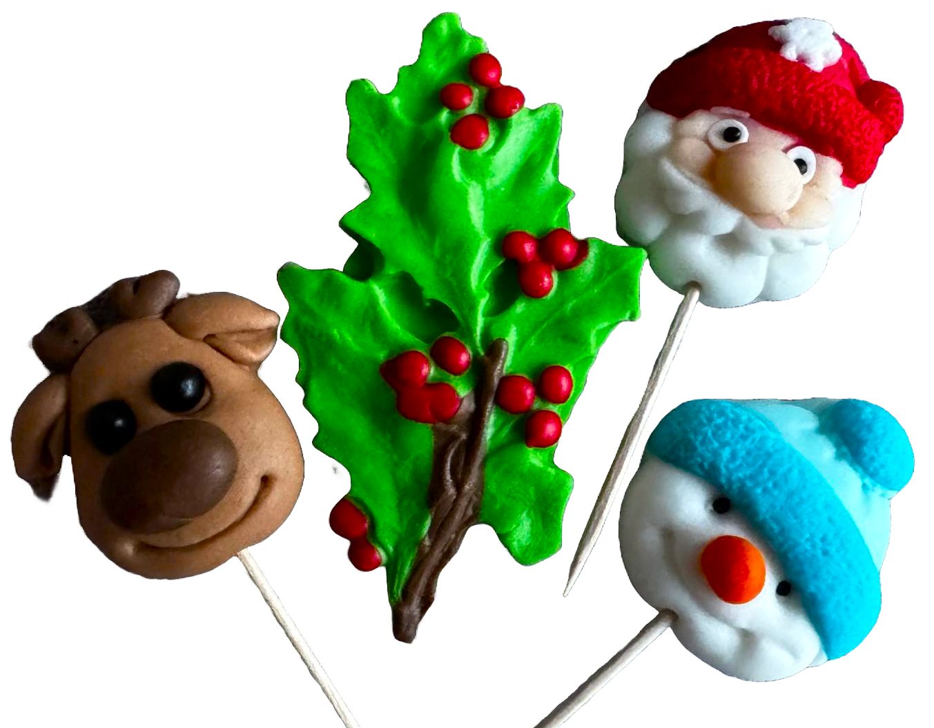 Set van 4 eetbare suikerpasta-decoraties, kersttoppers, rendier, sneeuwpop, boom en de kerstman Suikerpasta-decoraties Naty Shop