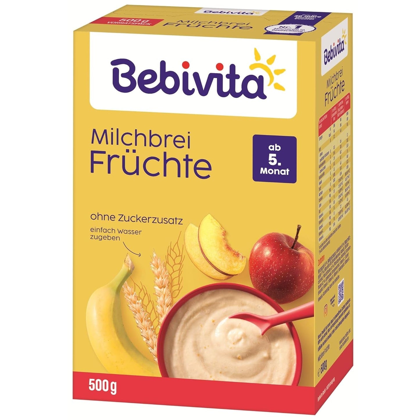 Melkpap met fruit (4x500g), vanaf 5 maanden, zonder toegevoegde suiker, met waardevolle mineralen en vitaminen, zeer vullend