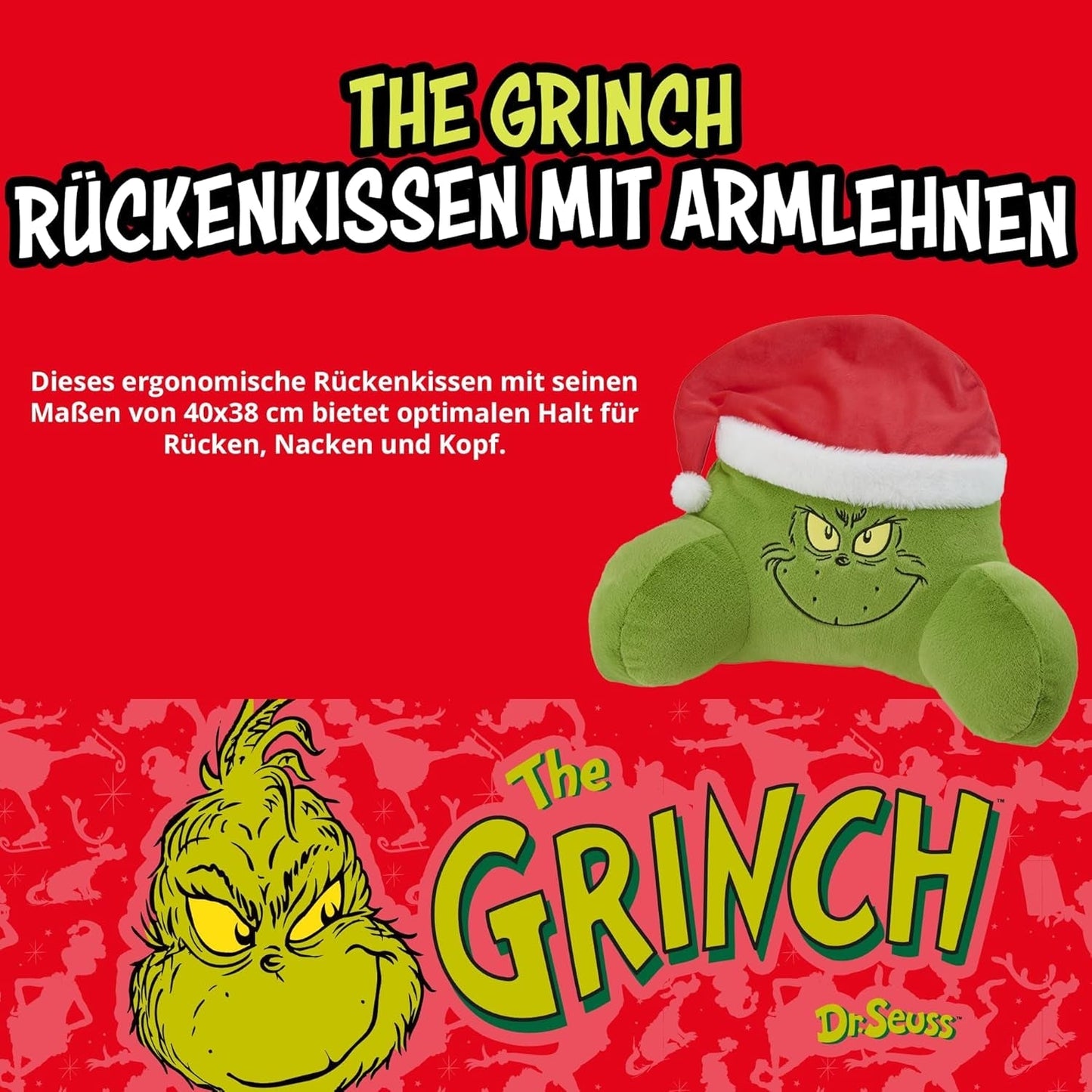 Grinch Kussen - Rugkussen voor bed en bank, rugsteun met armleuningen, leeskussen voor rug, nek en hoofd, groen, 40 x 38 cm