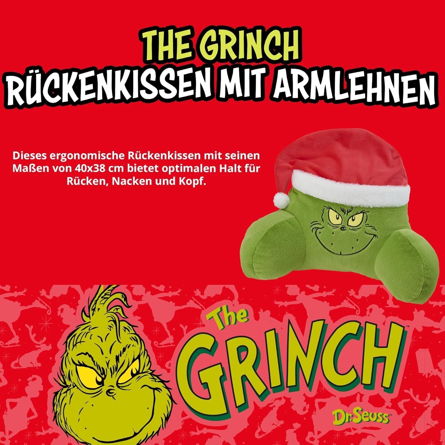 Grinch Kussen - Rugkussen voor bed en bank, rugsteun met armleuningen, leeskussen voor rug, nek en hoofd, groen, 40 x 38 cm