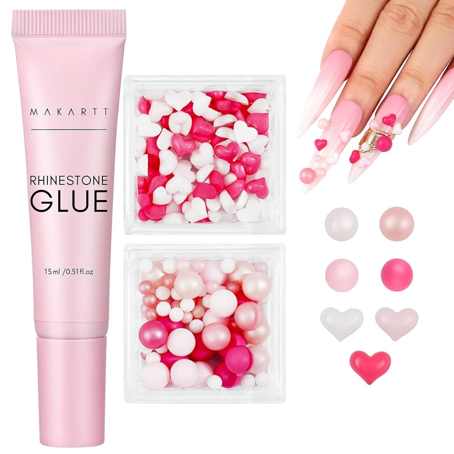 Makartt Strass zelfklevende gel - 15 ml UV-nagellijmset met roze nagelbedels Hartcirkel Nagelsieraden en nageldesignaccessoires voor thuismanicure Valentijnsdagcadeau
