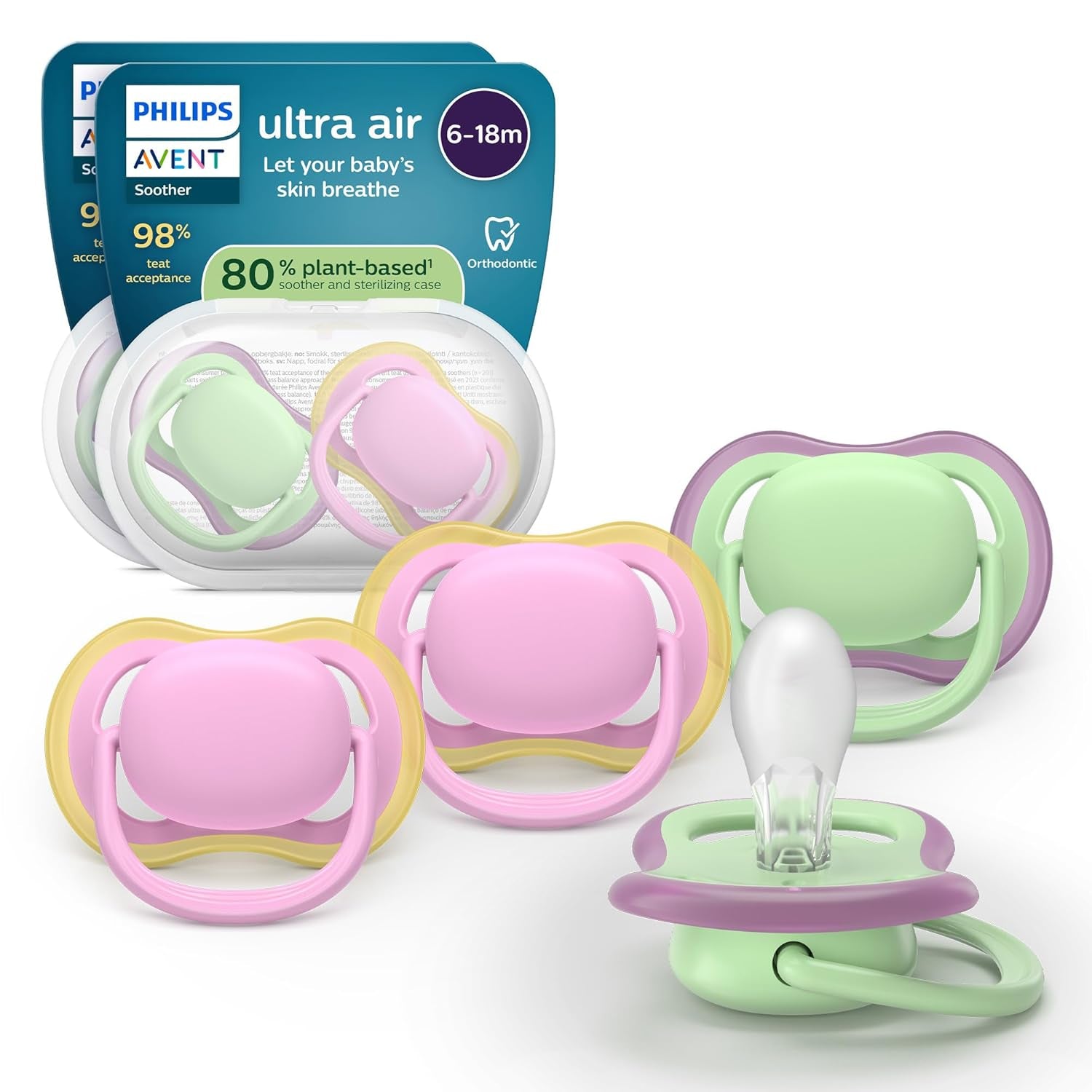Philips AVENT ultra air-fopspenen - verpakking van 4 BPA-vrije, ademende fopspenen voor baby's van 6-18 maanden, inclusief draagtas en sterilisatie, schildpad-/walvispatroon (model SCF085/66)