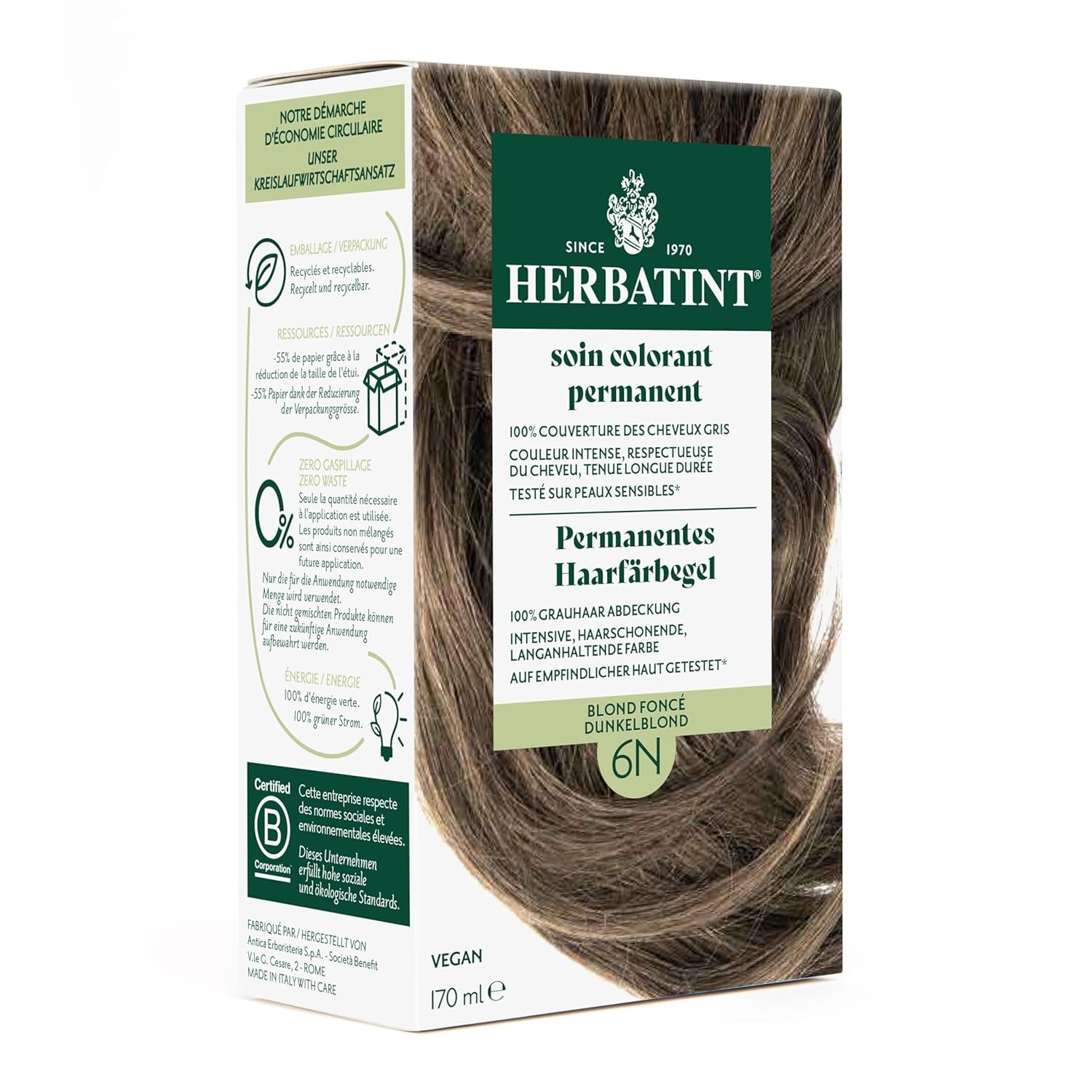 Permanente haarverfgel 6N donkerblond - 170 ml I Ammoniakvrij, 100% dekking van grijs haar I Getest op gevoelige huid, met 8 plantenextracten Haarverf Naty Shop 6N Donkerblond