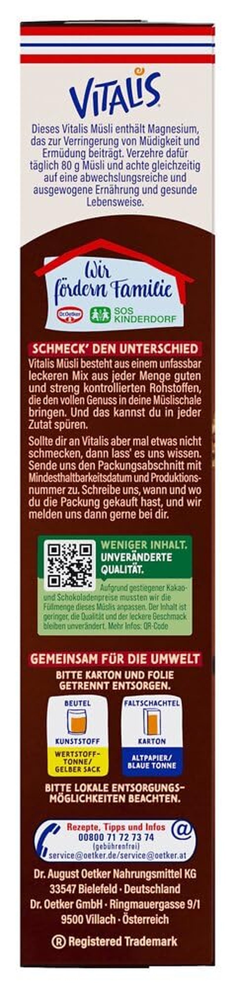 Dr. Oetker Vitalis KnusperPlus Dubbele Chocolade: Krokante muesli met melk- en pure chocolade, pakje van 7 (7 x 450g)