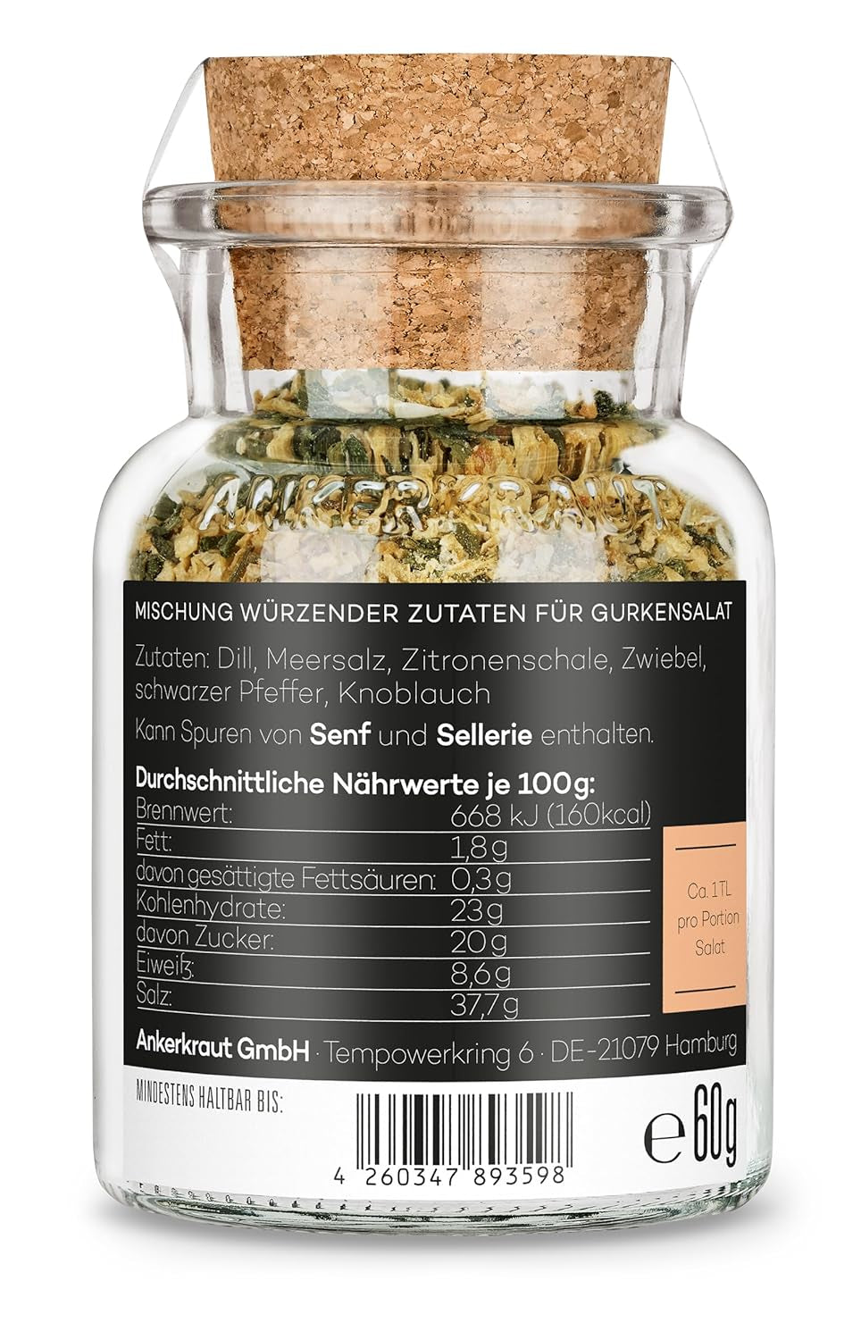 Ankerkraut Gurkensalat, 60 g in een kurkglas, Würze Gherken-Salat Ganz Einfach, Zuckerfrei und Ohne Gesmackverstärker, Mischung würzender Ingredient für Salat