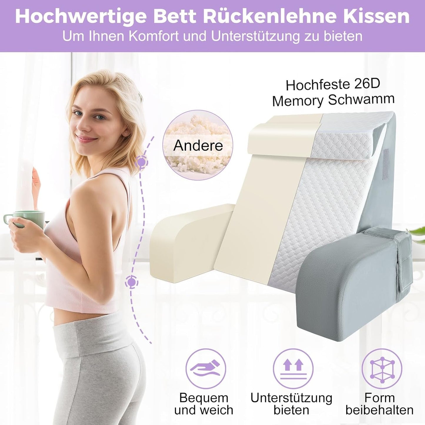 Groot leeskussen met handgreep, schuim met hoge dichtheid, ergonomisch rugkussen, armleuningen, neksteun en hoofdsteun, verstelbaar zitkussen om te slapen, spelen, tv kijken, voor bed en bank
