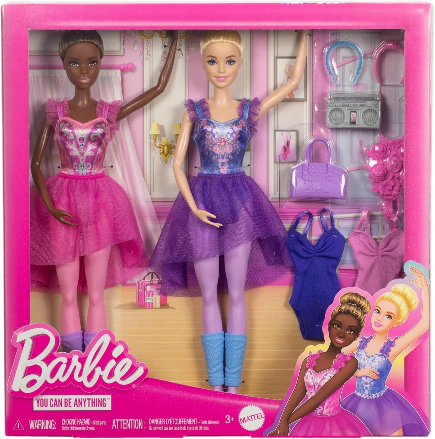 Barbie Ballettstudio Set met 2 puppen en 9 meiden, blond en brunette Ballerina-modepuppen met aussietzem Outfit en zum Tanzmotto passten Teilen, HXC37, [Multicolor]