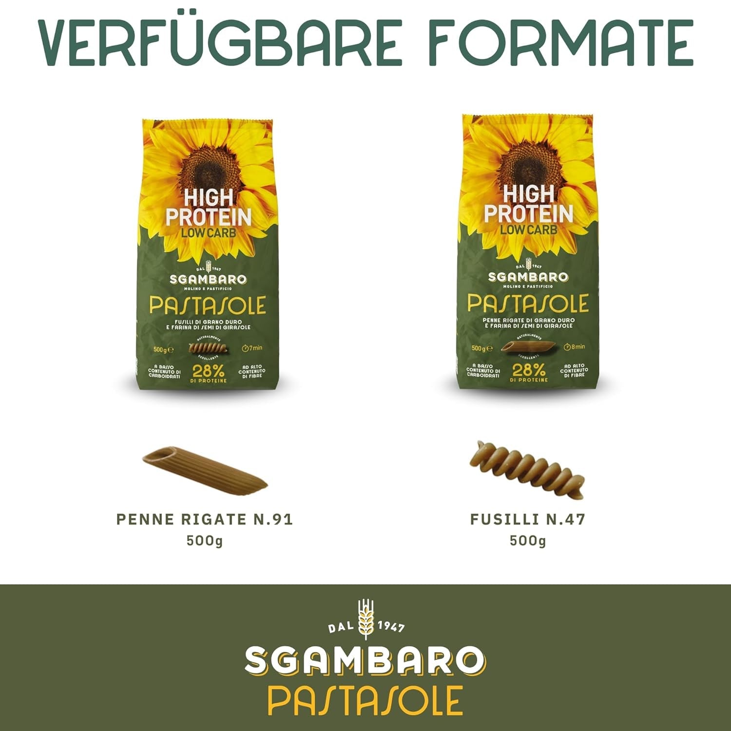 PASTASOLE, Penne Rigate met Hartweizengrieß aus 100% italienische Anbau und Sonnenblumenkernmehl - 500g - Hoog eiwit, laag koolhydraat, Hoger ballaststoffgehalt