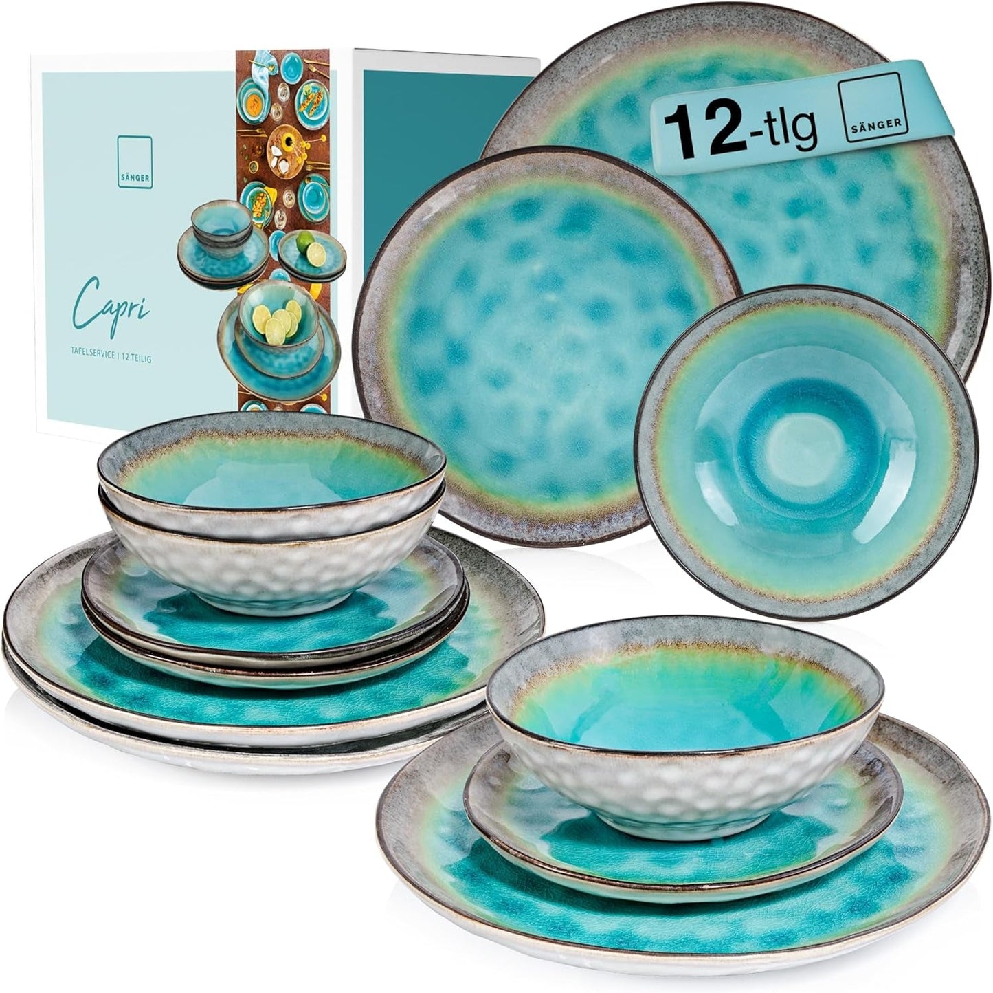 ZANGER | Capri Servies 12-delig Serviesset 4 Persoons Steengoed Servies Inclusief Dinerborden, Dessertborden en Suma Borden Handgemaakt Turquoise Serviesgoed met Grijze Rand | DE PREMIUM COLLECTIE