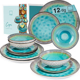 ZANGER | Capri Servies 12-delig Serviesset 4 Persoons Steengoed Servies Inclusief Dinerborden, Dessertborden en Suma Borden Handgemaakt Turquoise Serviesgoed met Grijze Rand | DE PREMIUM COLLECTIE