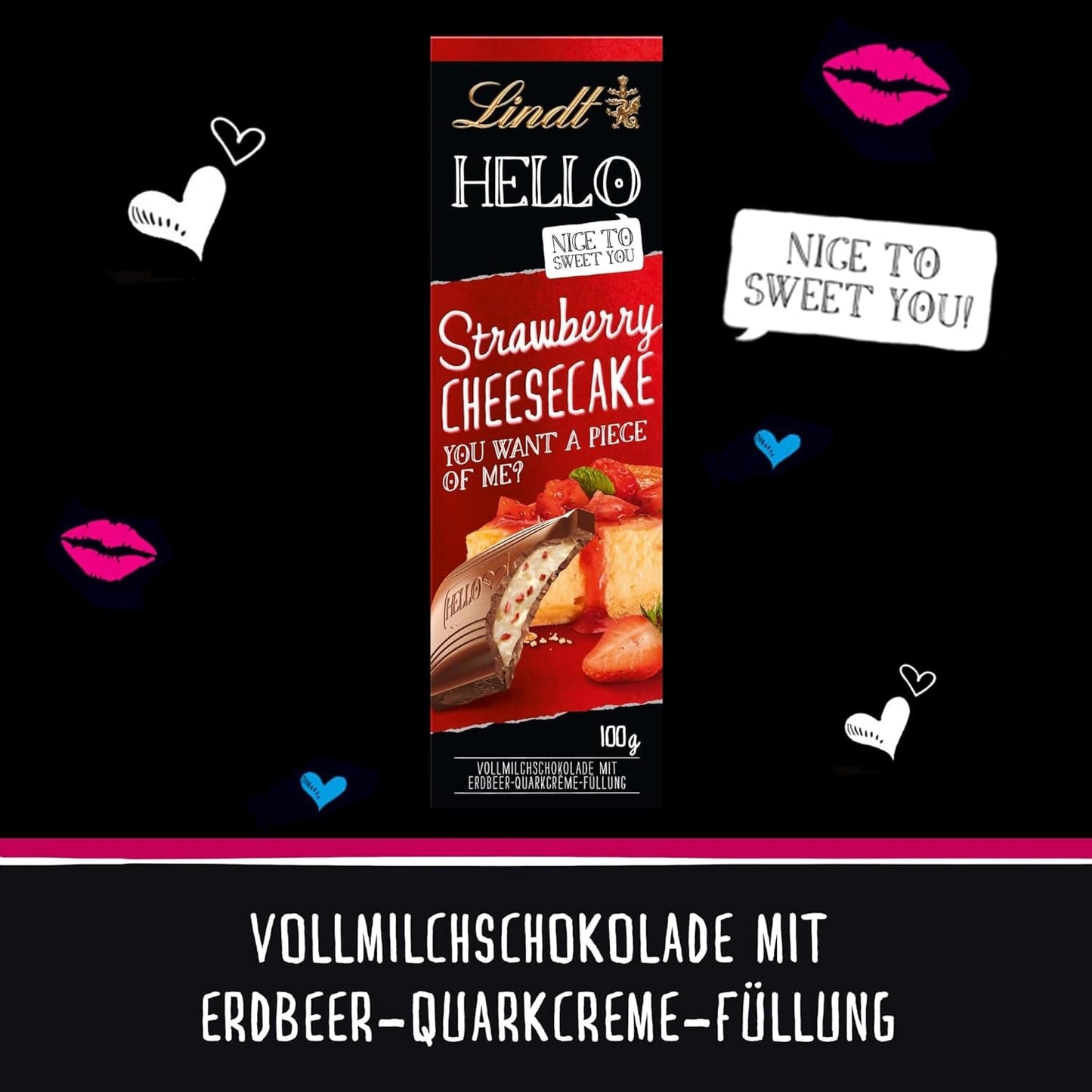 Lindt HALLO Aardbei-chocolade-cheesecake | Reep 100g | Melkchocolade met Aardbeienkwarkroomvulling | Chocoladereep | Chocoladecadeau (pak van 5)