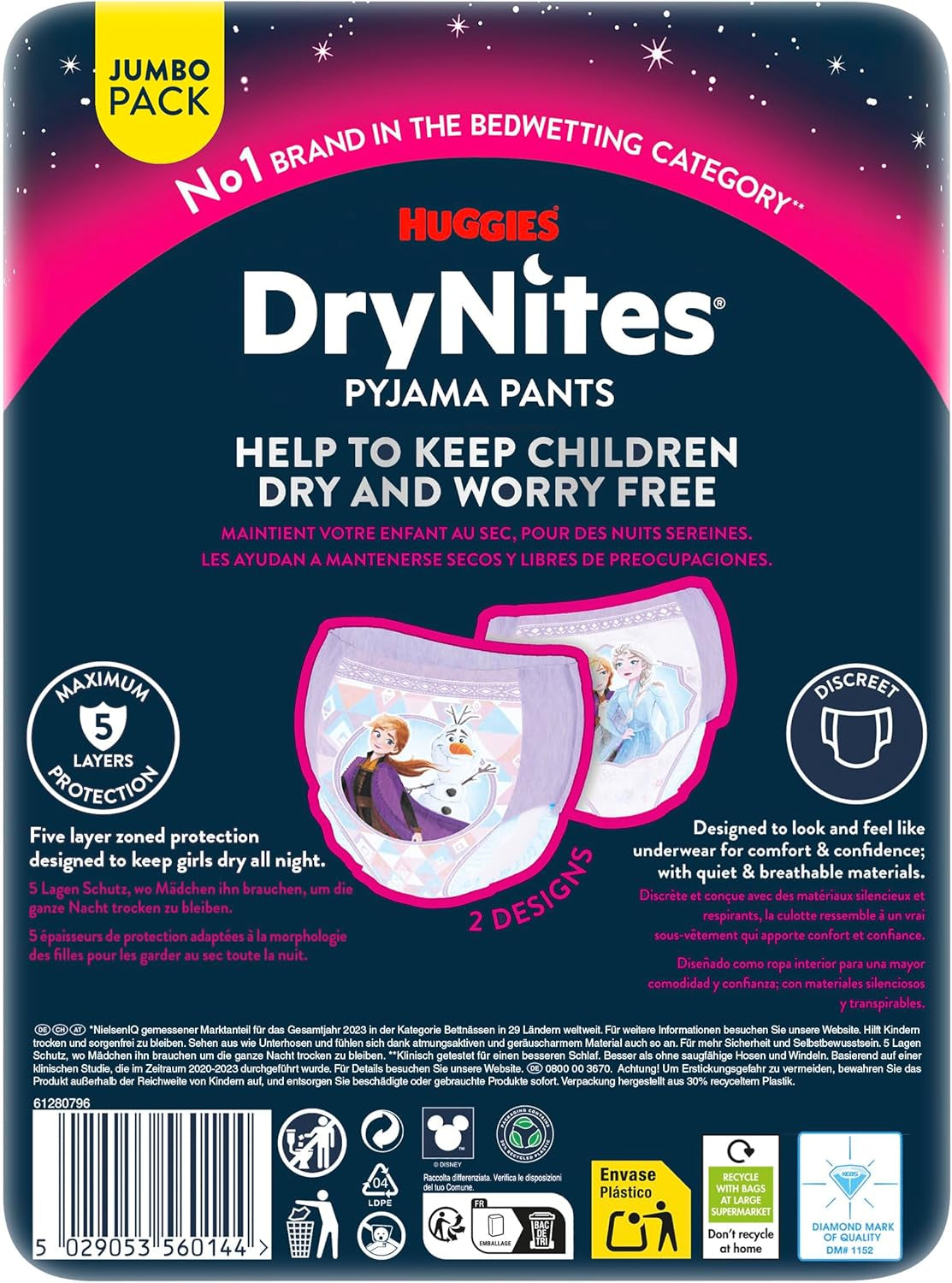 Huggies DryNites superabsorberende nachtluiers voor meisjes 3-4 jaar (12-21 kg) 4 x 16 stuks (totaal 64 stuks) Maandelijks pantypakket