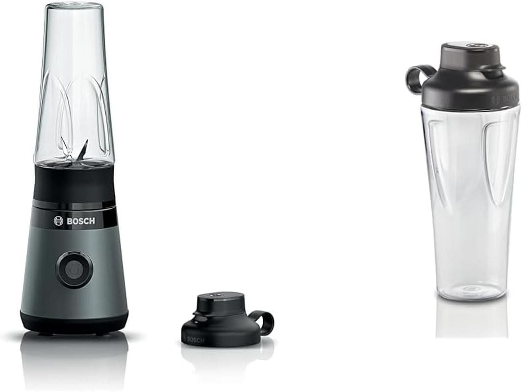 Bosch Mini-Standmixer Vitapower Serie 2 MMB2111S, Highspeed-Mixer, Bis Zu 40.000 Rpm, Tritan Togo-Flasche 0,6 L, Trinkdeckel, Bruchsicher, Spülmasch.Geeignete Teile, 450W, Silber/Schwarz Kitchen Naty Shop Bundle Mit Togo-Flasche Silber / Schwarz