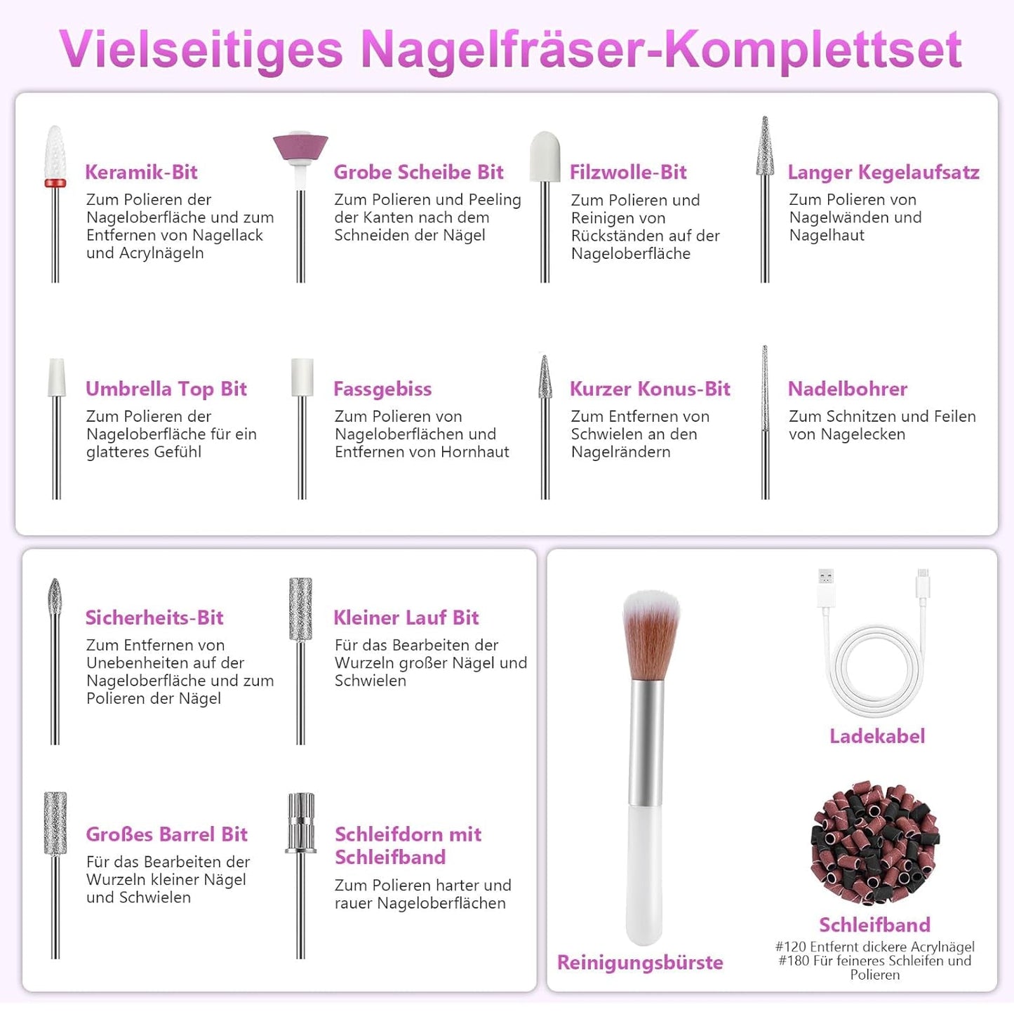 Draadloze elektrische nagelvijl - 35000 RPM voor gelnagels, 12 in 1 professionele nagel- en acrylnagelvijl, manicure- en pedicureset met 5 snelheden
