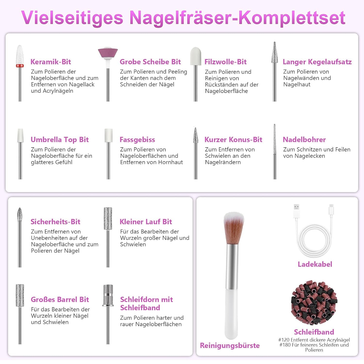 Draadloze elektrische nagelvijl - 35000 RPM voor gelnagels, 12 in 1 professionele nagel- en acrylnagelvijl, manicure- en pedicureset met 5 snelheden