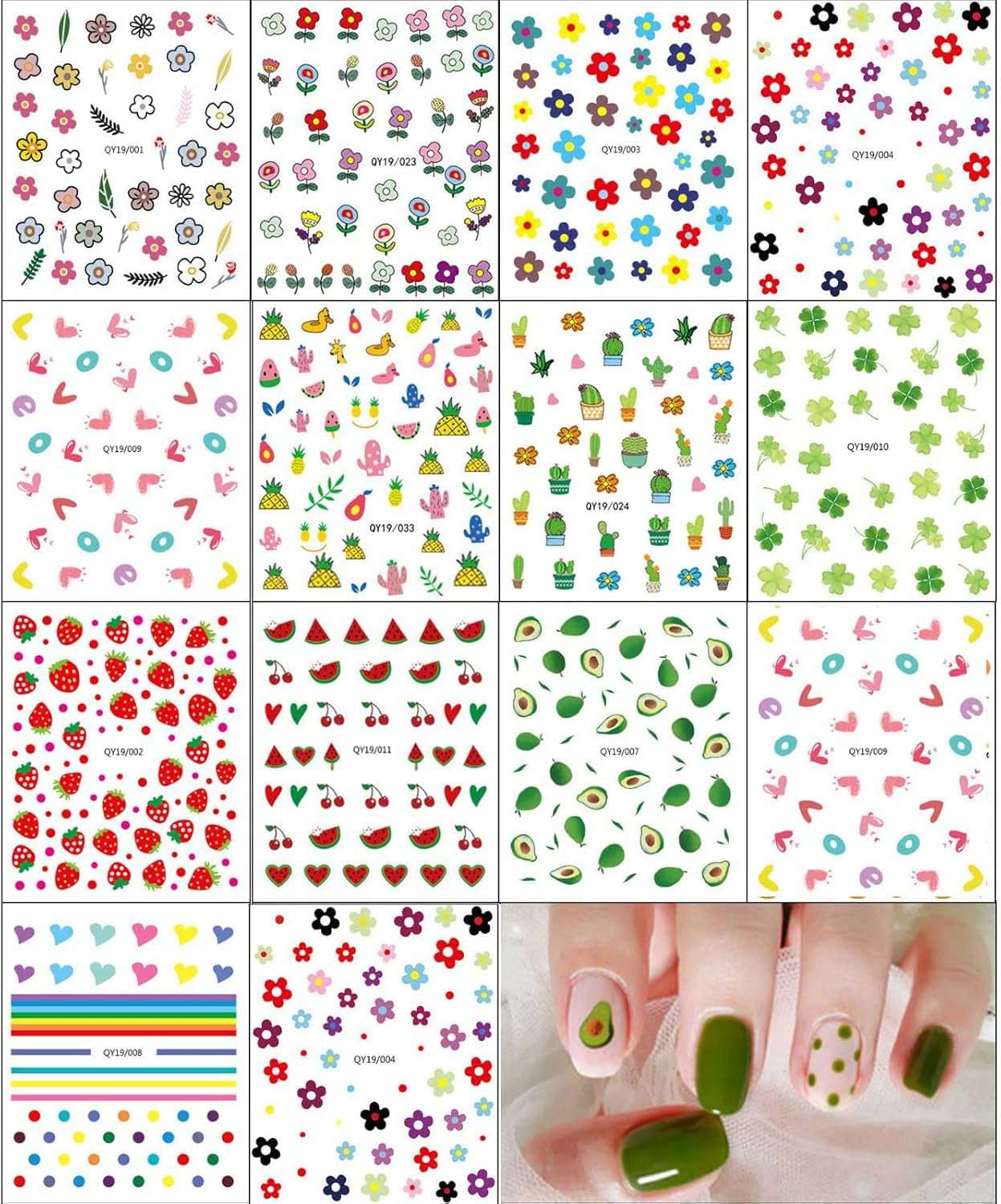 JMEOWIO Süße Nagelsticker Für Kinder 14 Blatt Nail Art Sticker Selbstklebend Nagelaufkleber Regenbogen Blumen Frucht Decoratie Nageldesign Zubehör