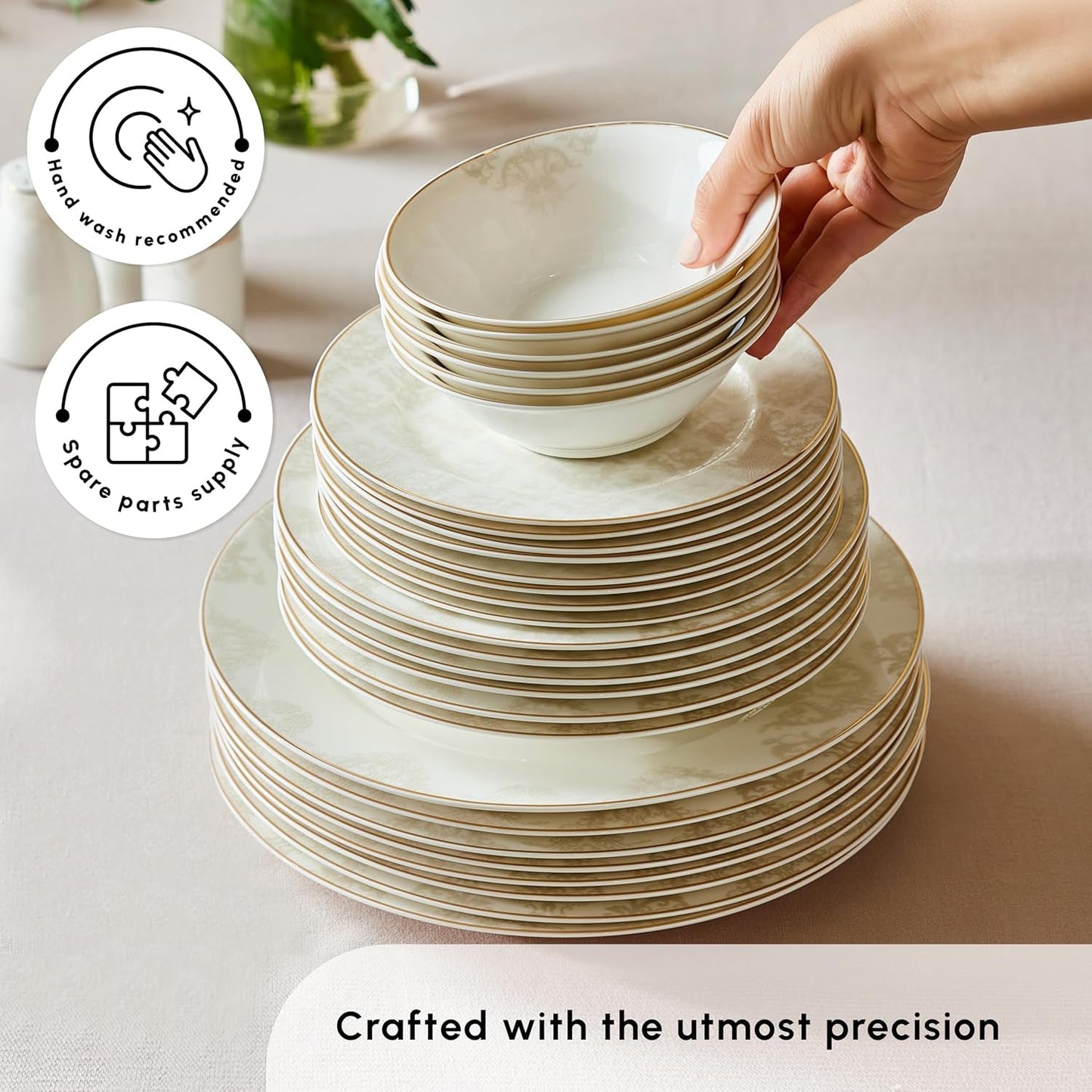 Karaca Elegance Bone Siena Serviesset voor 12 personen, moderne porseleinen serviesset, serviesset met soepkommen, serveerschaal, diepe borden, dessertborden - wit en goud