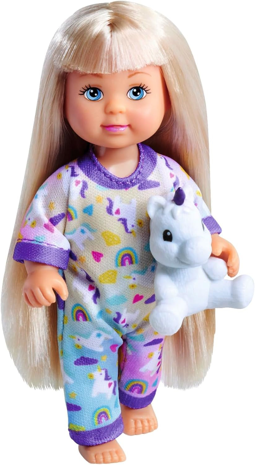 Simba Evi Love pyjama, 3 verschillende kleuren, slechts één item verzonden, pop in schattige pyjama met eenhoorn knuffel, speelpop 12 cm, vanaf 3 jaar