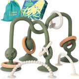 JUMBLE JANGLE Babybijtring: Babybijtspeeltje 3-24 maanden | Set van 7 BPA-vrije kauwspeeltjes | Verkoelende siliconen bijtring | Peuterspeelgoed met zuignap voor kinderstoel, tafel en badkuip