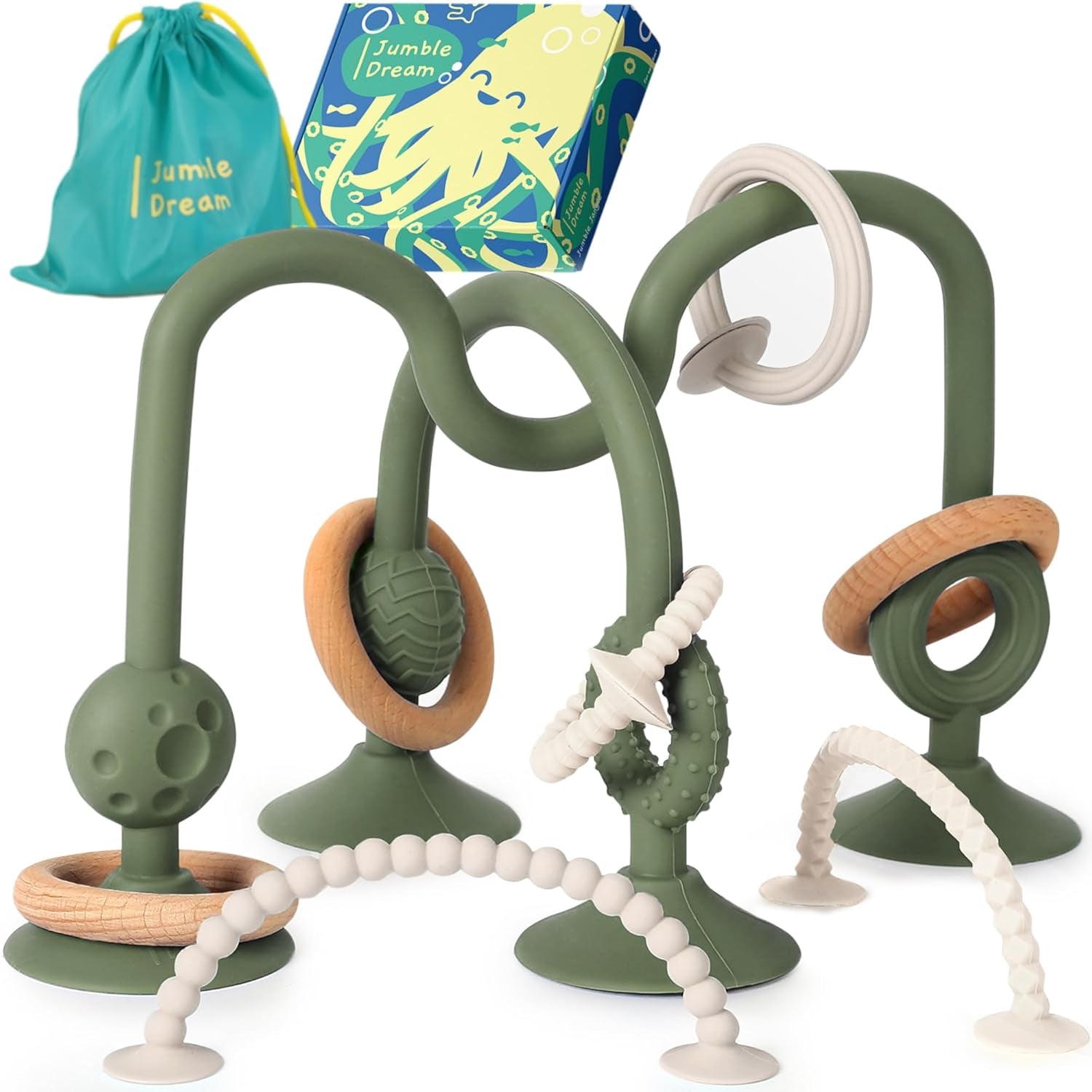 JUMBLE JANGLE Babybijtring: Babybijtspeeltje 3-24 maanden | Set van 7 BPA-vrije kauwspeeltjes | Verkoelende siliconen bijtring | Peuterspeelgoed met zuignap voor kinderstoel, tafel en badkuip