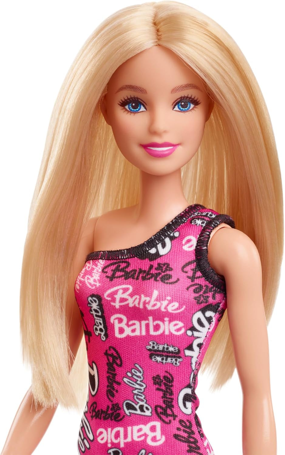 Modieuze Barbie-pop met steil blond haar in een roze afneembare jurk met één schouder en schoenen met gedrukt logo, HRH07