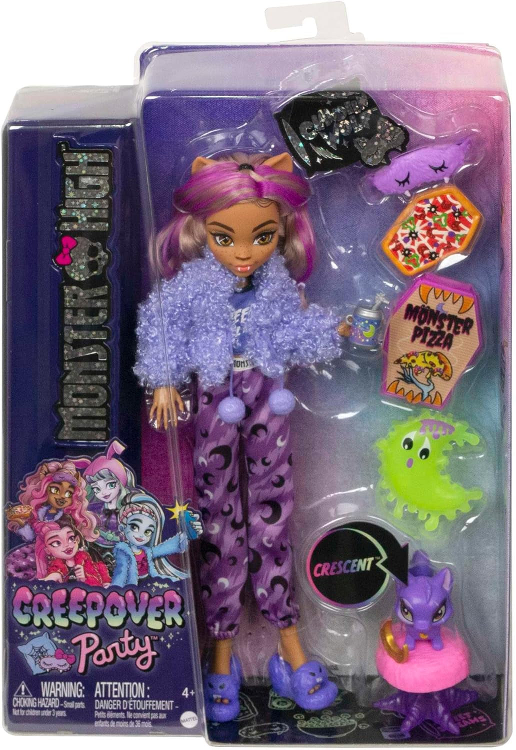 MONSTER HIGH pop en logeerpartij accessoires, Clawdeen Wolf pop met huisdier kat, halve maan, Creepover Party, HKY67