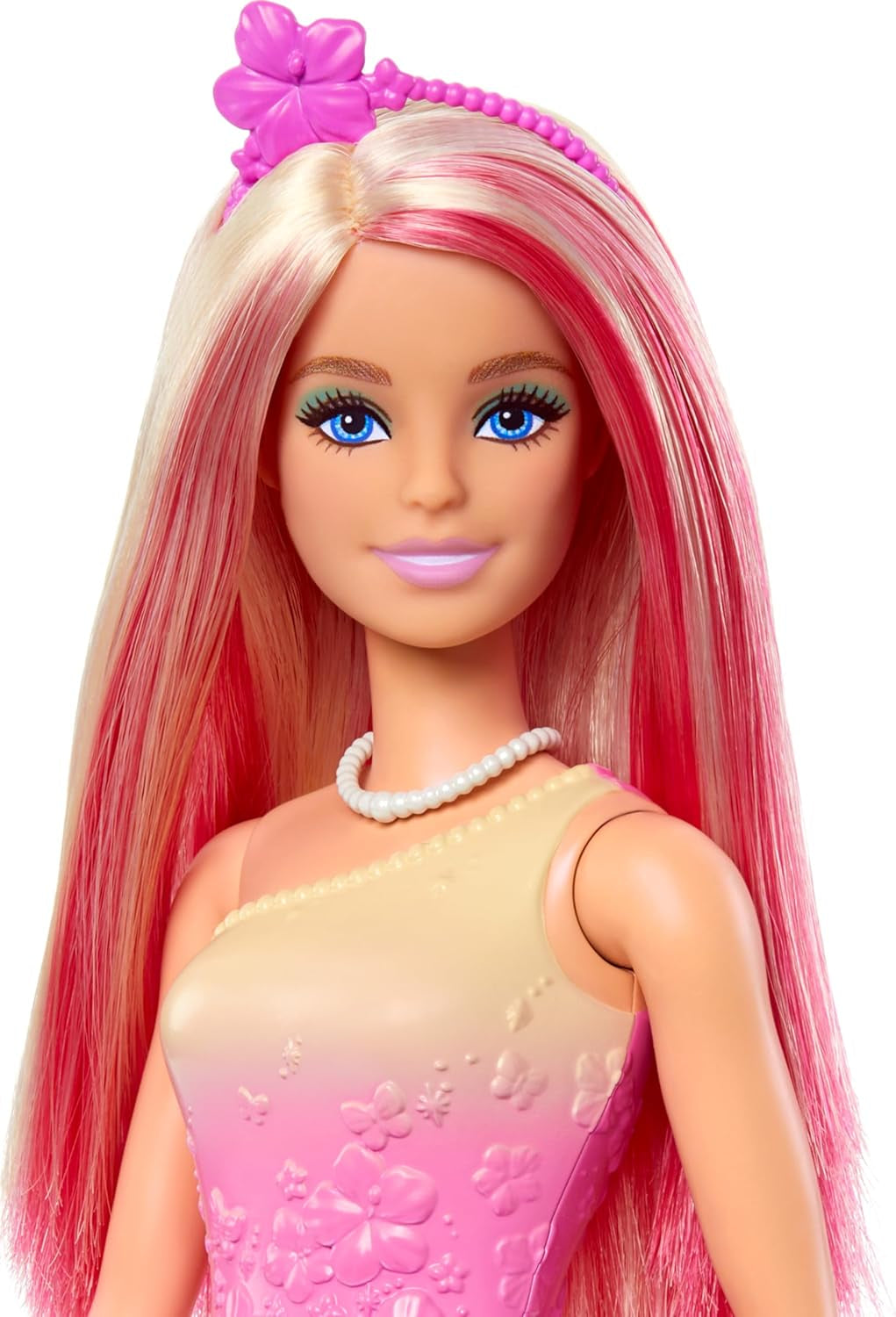 Koninklijke Barbie-pop met blond en roze fancy haar, kleurrijke accessoires, roze topje met kleurverloop en vlinderrok, HRR08 Naty Shop-poppen